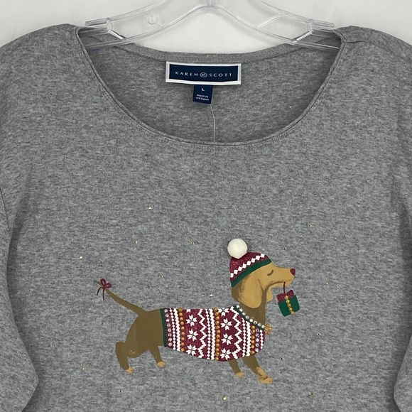 Karen Scott Womens Large Long Sleeve T-Shirt Gray Embellished Christmas Dog - Picture 3 of 10